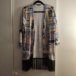 Liquid Knits Colorful Patterned Open Front Women's Fringe Tunic Jacket